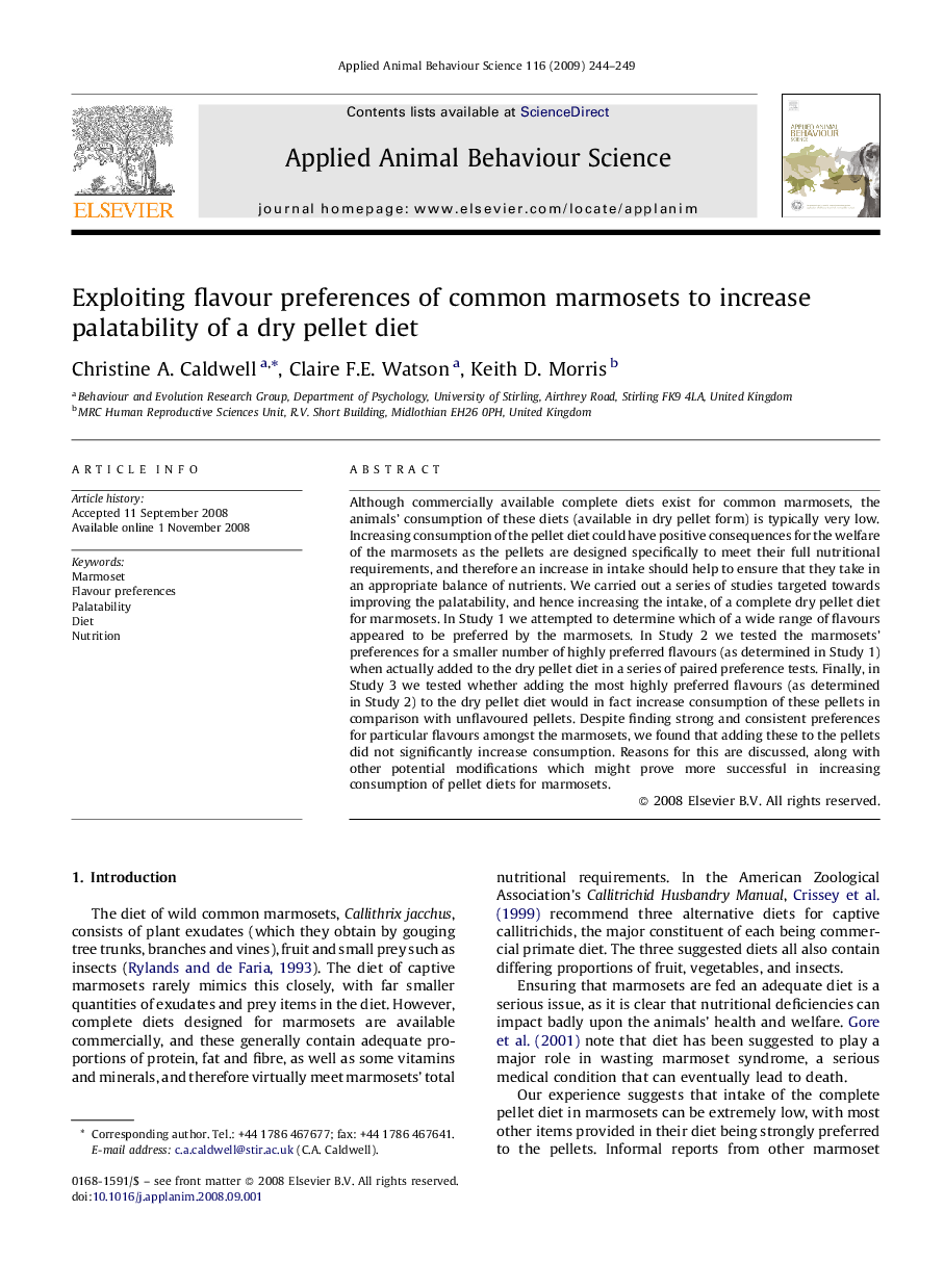 Exploiting flavour preferences of common marmosets to increase palatability of a dry pellet diet