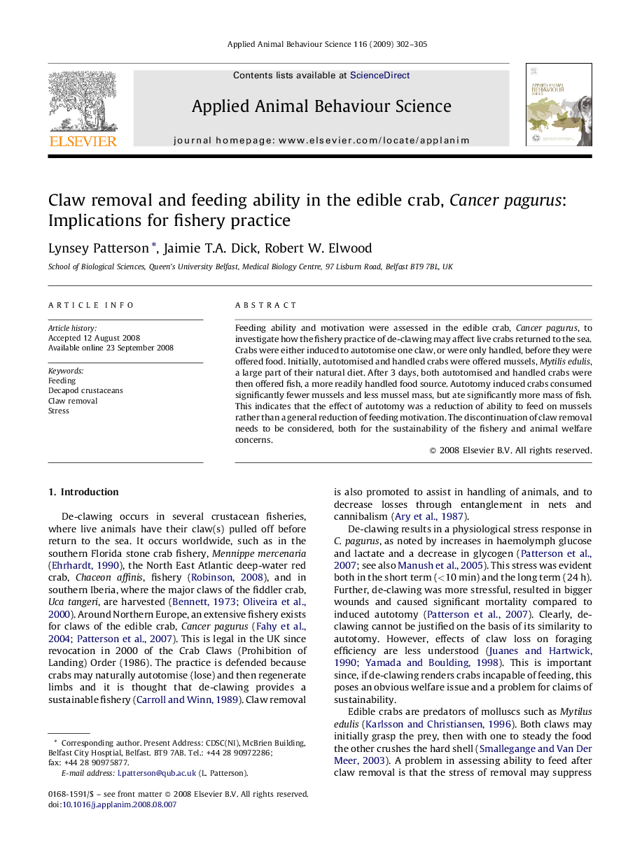 Claw removal and feeding ability in the edible crab, Cancer pagurus: Implications for fishery practice