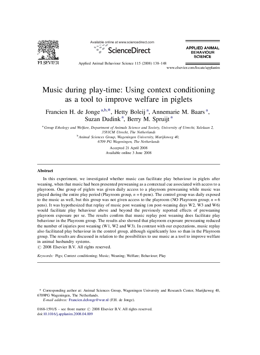 Music during play-time: Using context conditioning as a tool to improve welfare in piglets