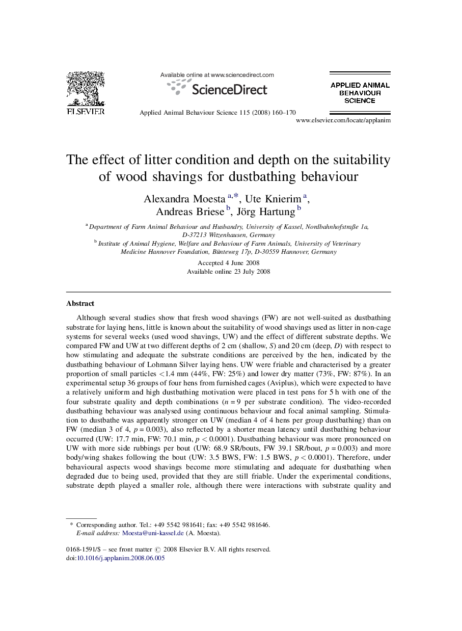 The effect of litter condition and depth on the suitability of wood shavings for dustbathing behaviour