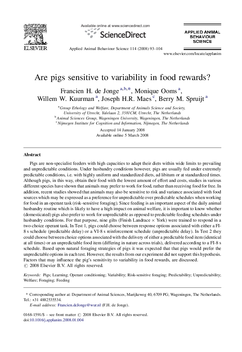 Are pigs sensitive to variability in food rewards?