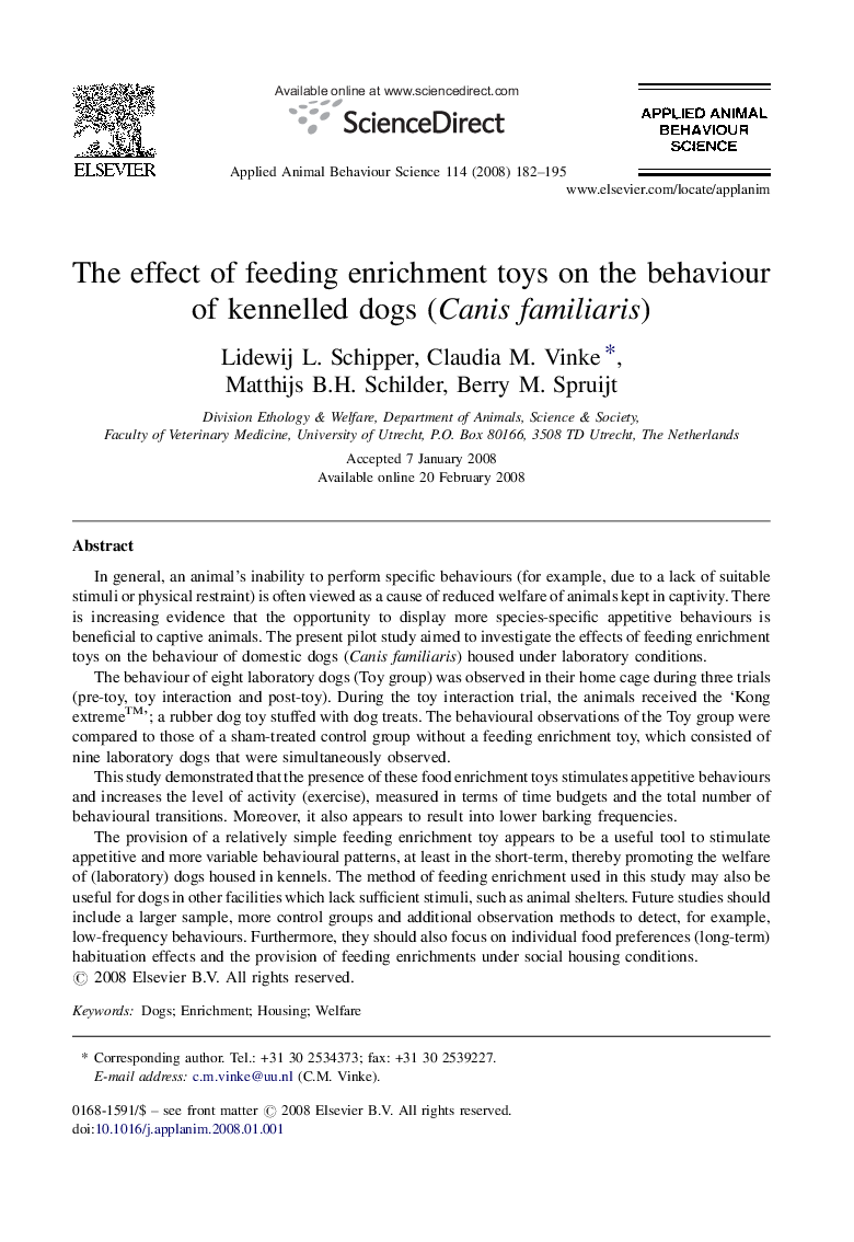 The effect of feeding enrichment toys on the behaviour of kennelled dogs (Canis familiaris)
