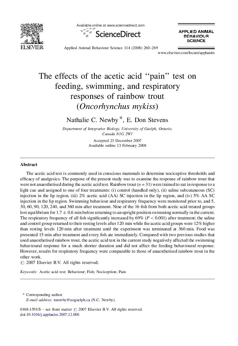 The effects of the acetic acid “pain” test on feeding, swimming, and respiratory responses of rainbow trout (Oncorhynchus mykiss)