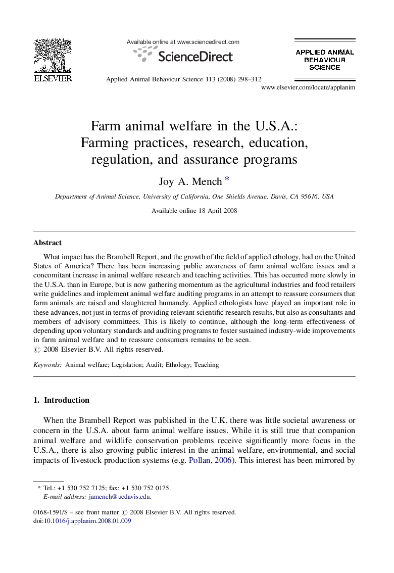 Farm animal welfare in the U.S.A.: Farming practices, research, education, regulation, and assurance programs