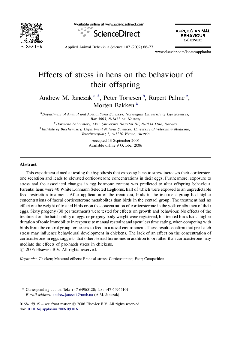 Effects of stress in hens on the behaviour of their offspring