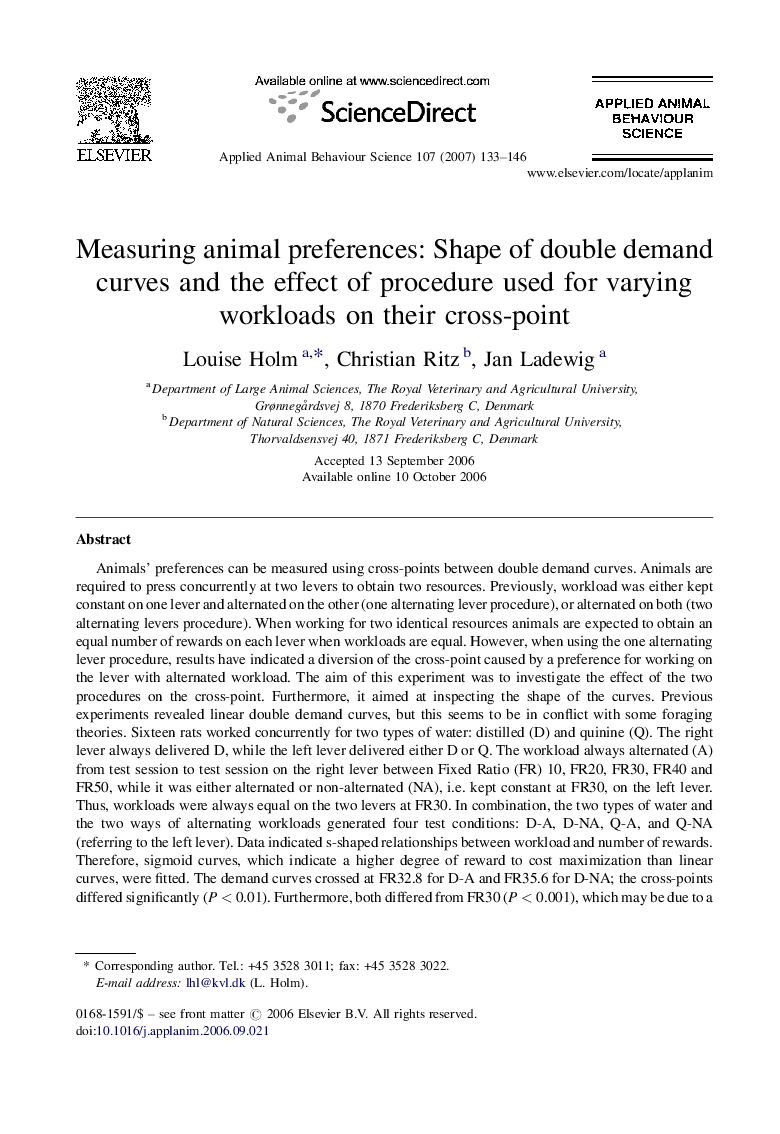 Measuring animal preferences: Shape of double demand curves and the effect of procedure used for varying workloads on their cross-point