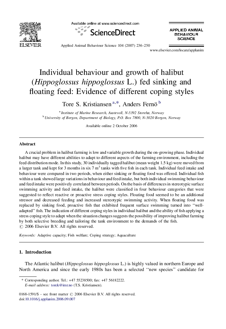 Individual behaviour and growth of halibut (Hippoglossus hippoglossus L.) fed sinking and floating feed: Evidence of different coping styles