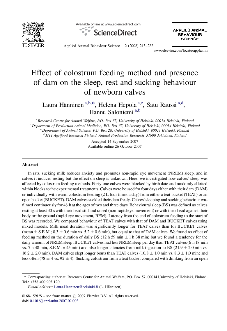 Effect of colostrum feeding method and presence of dam on the sleep, rest and sucking behaviour of newborn calves