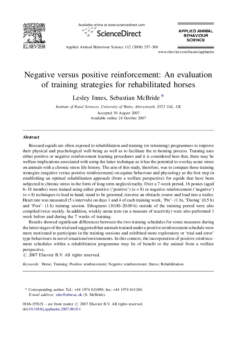 Negative versus positive reinforcement: An evaluation of training strategies for rehabilitated horses