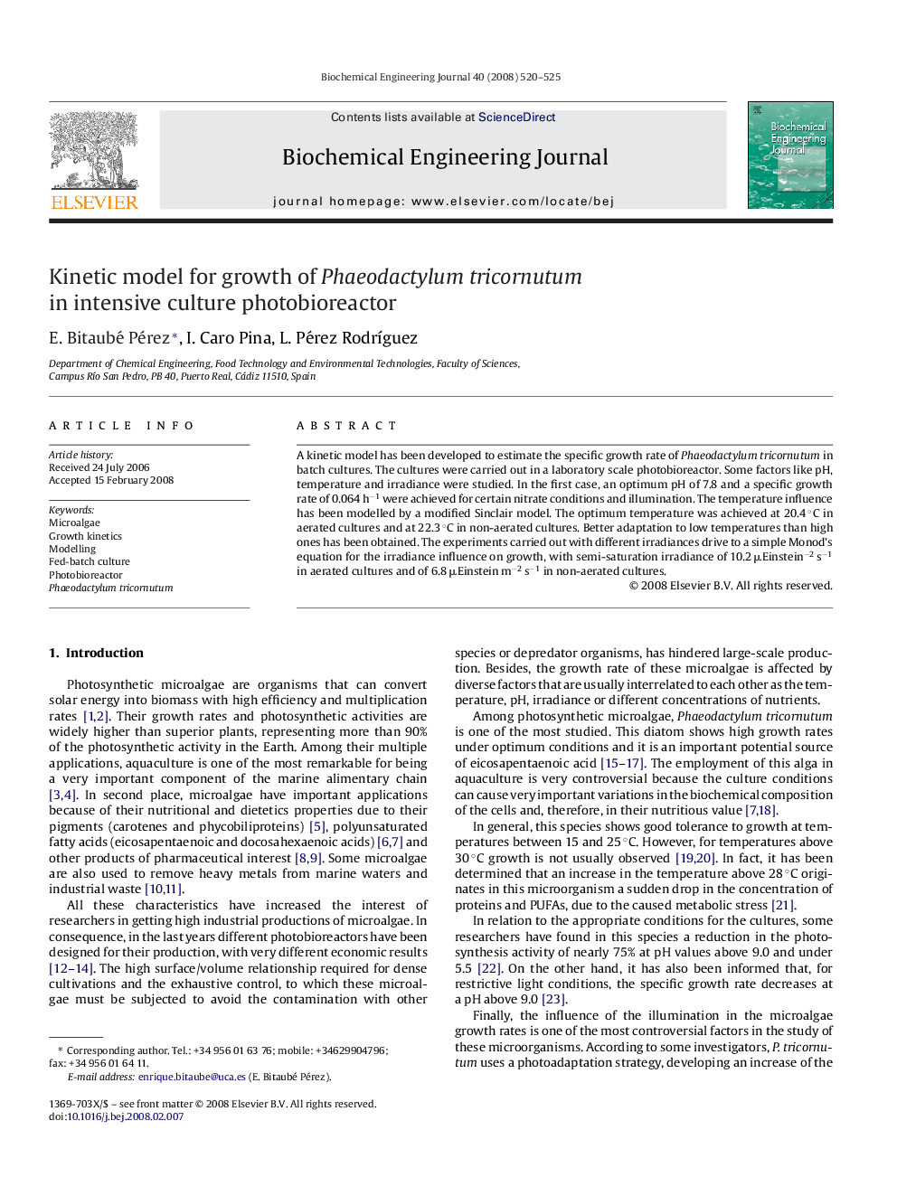 Kinetic model for growth of Phaeodactylum tricornutum in intensive culture photobioreactor