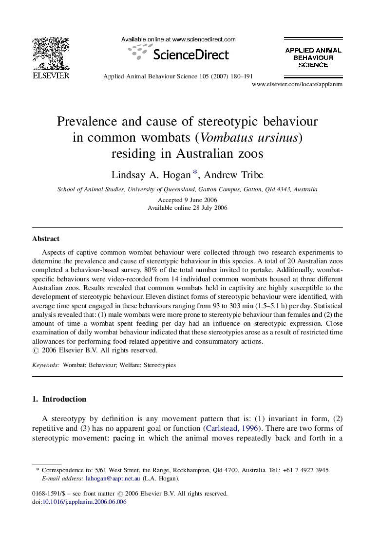 Prevalence and cause of stereotypic behaviour in common wombats (Vombatus ursinus) residing in Australian zoos