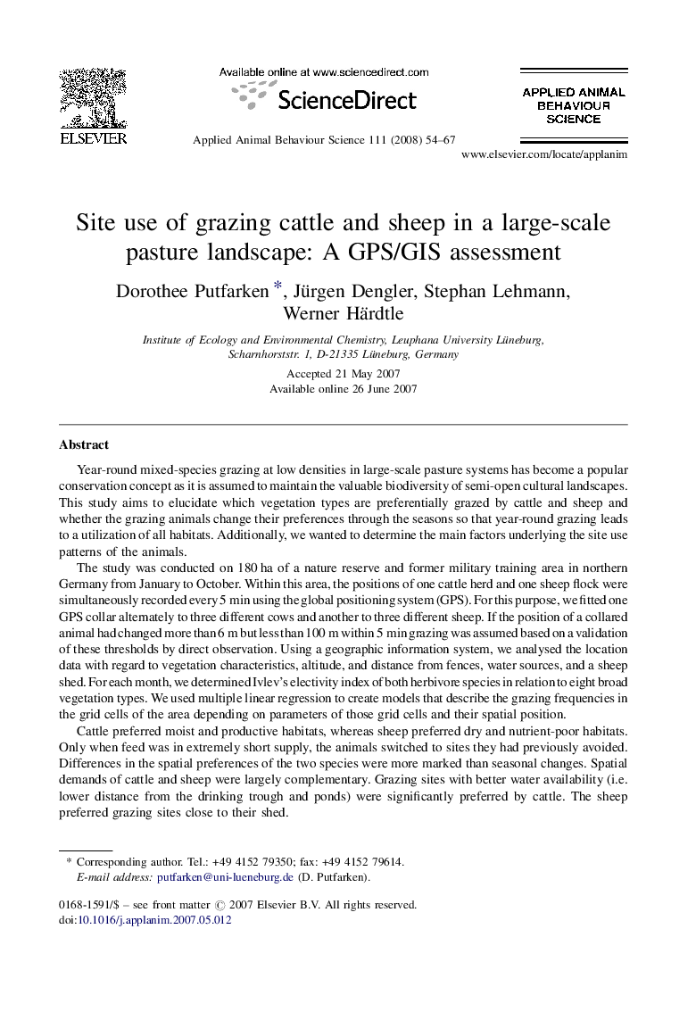 Site use of grazing cattle and sheep in a large-scale pasture landscape: A GPS/GIS assessment