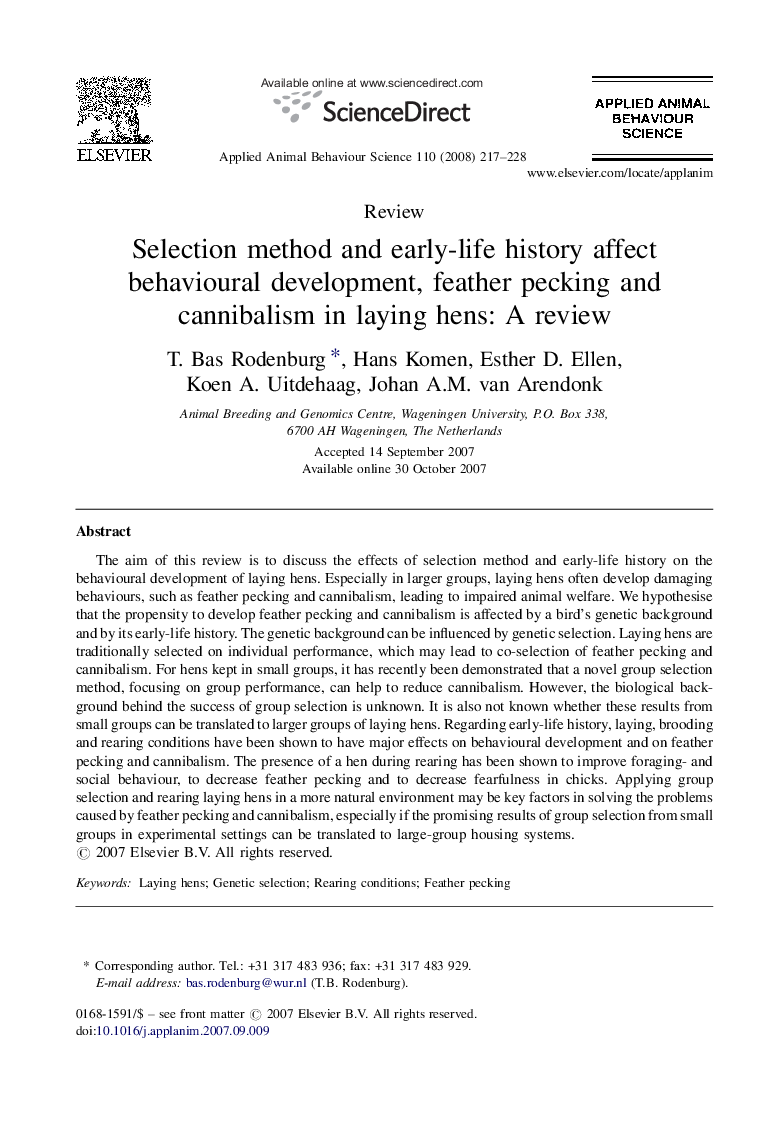 Selection method and early-life history affect behavioural development, feather pecking and cannibalism in laying hens: A review