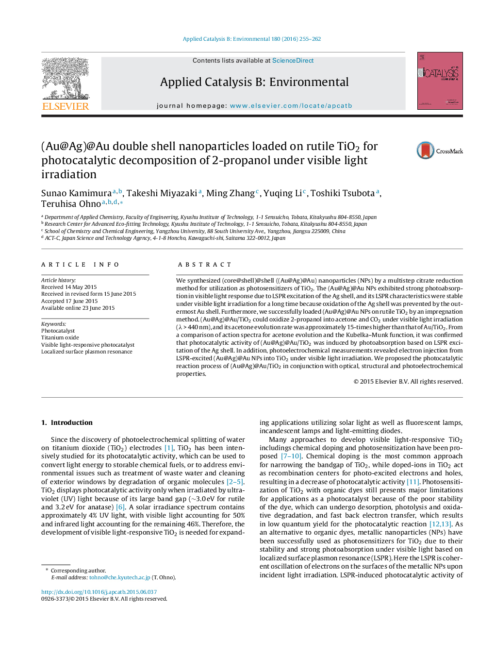 (Au@Ag)@Au double shell nanoparticles loaded on rutile TiO2 for photocatalytic decomposition of 2-propanol under visible light irradiation