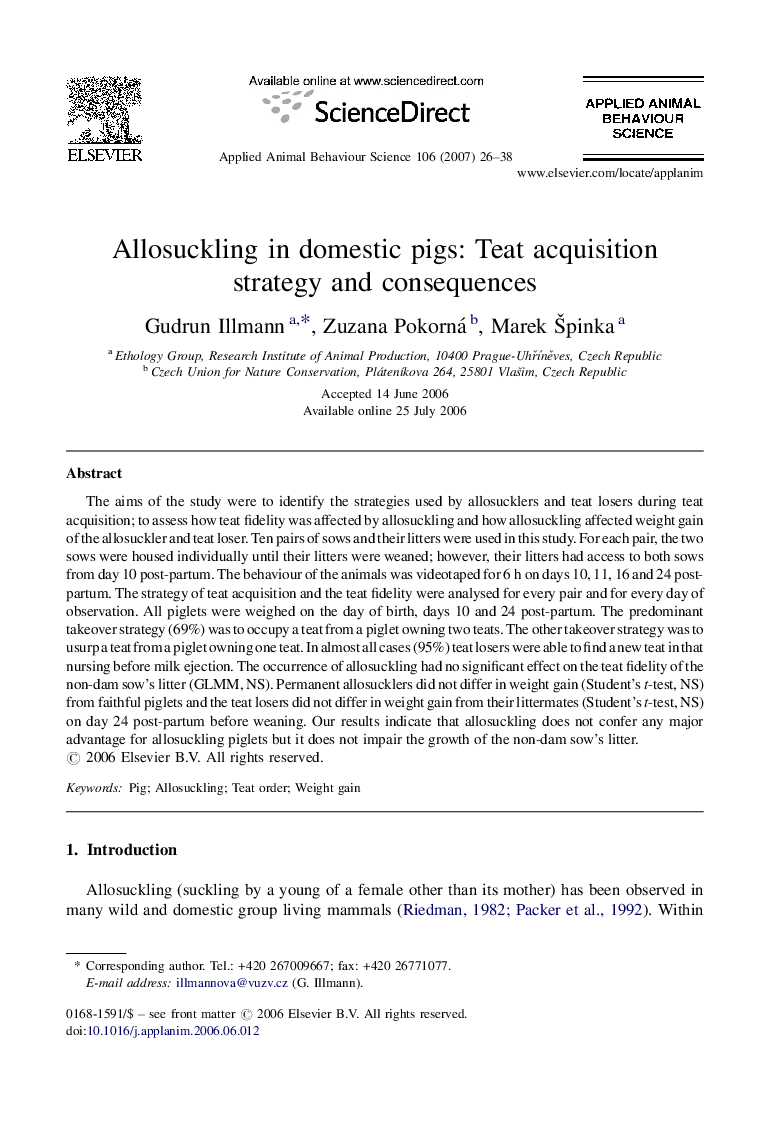 Allosuckling in domestic pigs: Teat acquisition strategy and consequences