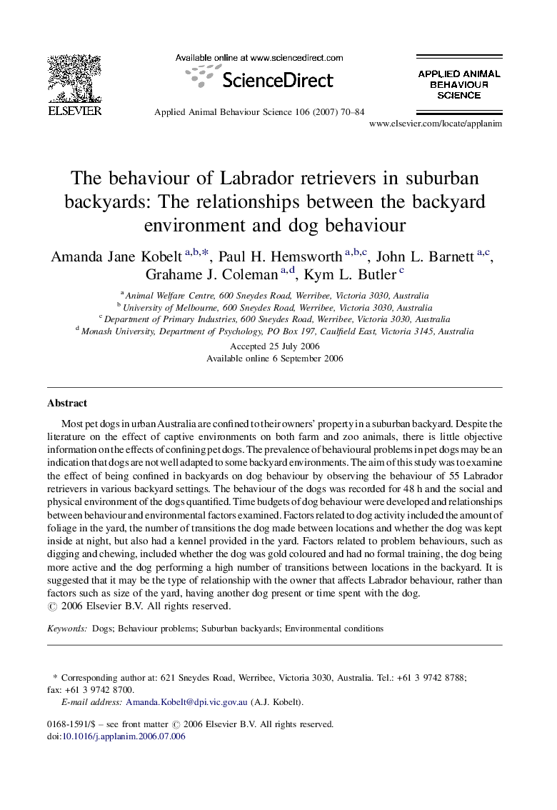 The behaviour of Labrador retrievers in suburban backyards: The relationships between the backyard environment and dog behaviour