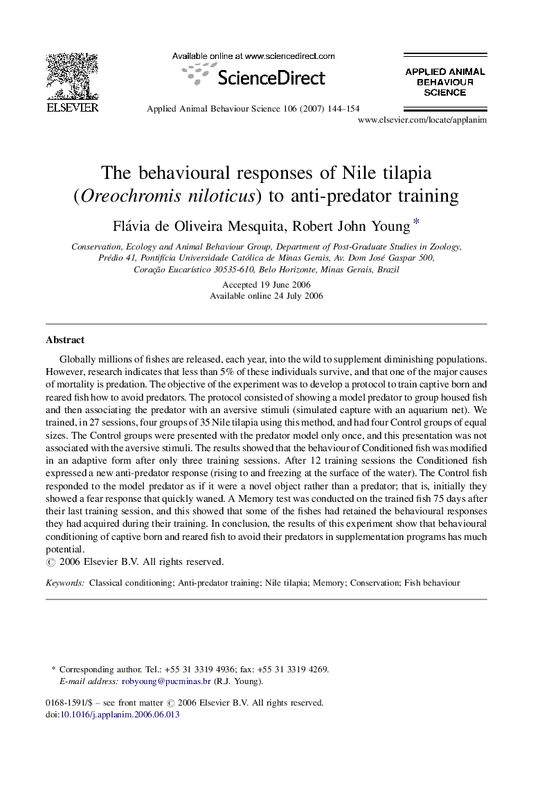 The behavioural responses of Nile tilapia (Oreochromis niloticus) to anti-predator training