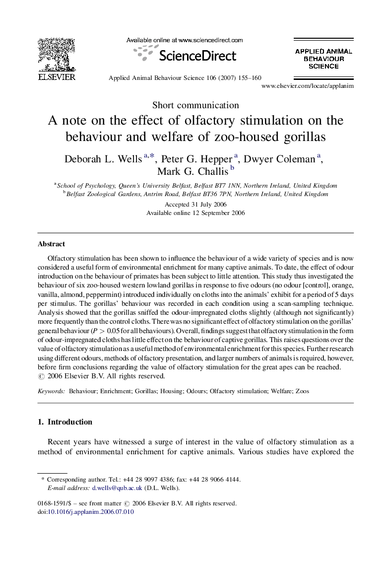 A note on the effect of olfactory stimulation on the behaviour and welfare of zoo-housed gorillas
