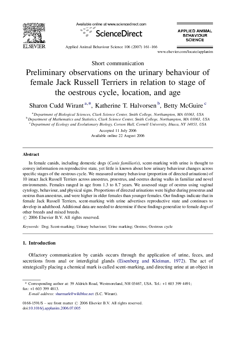 Preliminary observations on the urinary behaviour of female Jack Russell Terriers in relation to stage of the oestrous cycle, location, and age