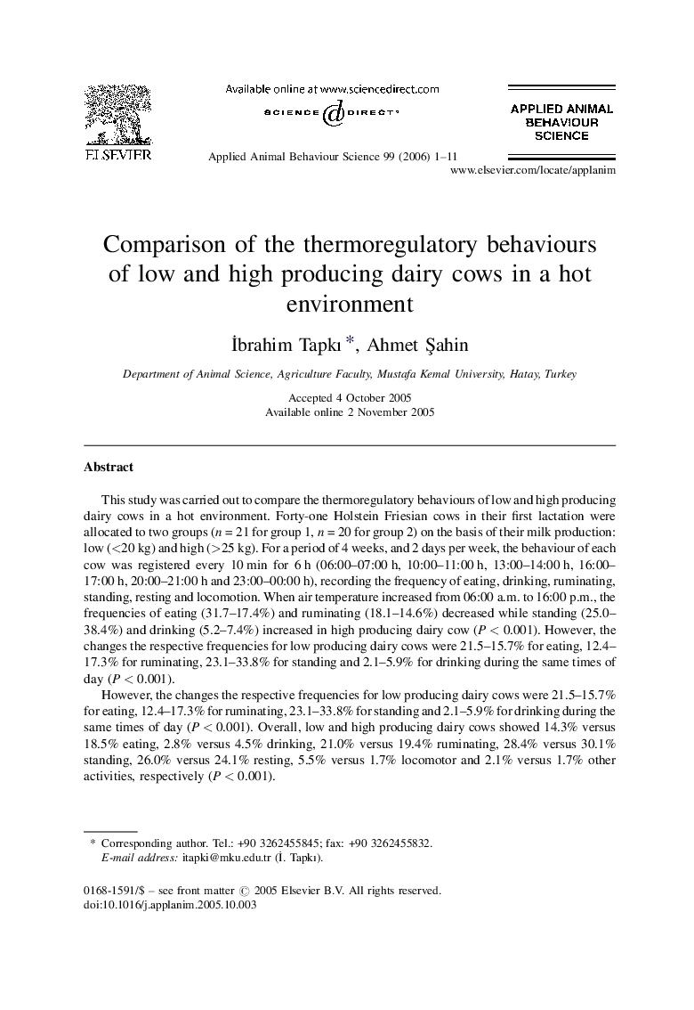 Comparison of the thermoregulatory behaviours of low and high producing dairy cows in a hot environment