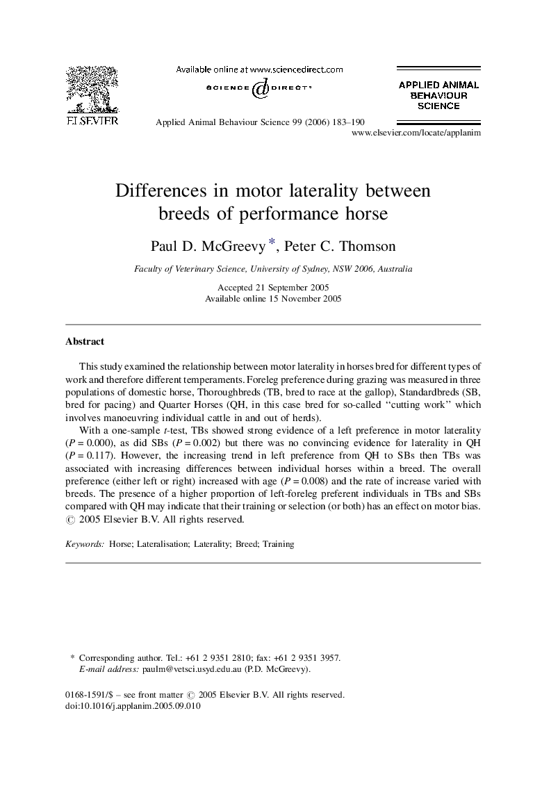 Differences in motor laterality between breeds of performance horse