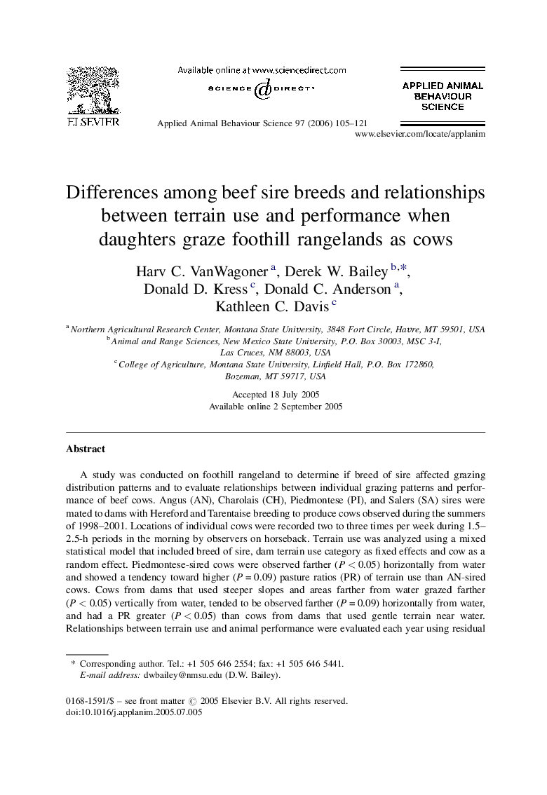 Differences among beef sire breeds and relationships between terrain use and performance when daughters graze foothill rangelands as cows