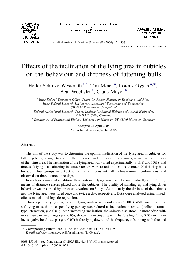 Effects of the inclination of the lying area in cubicles on the behaviour and dirtiness of fattening bulls