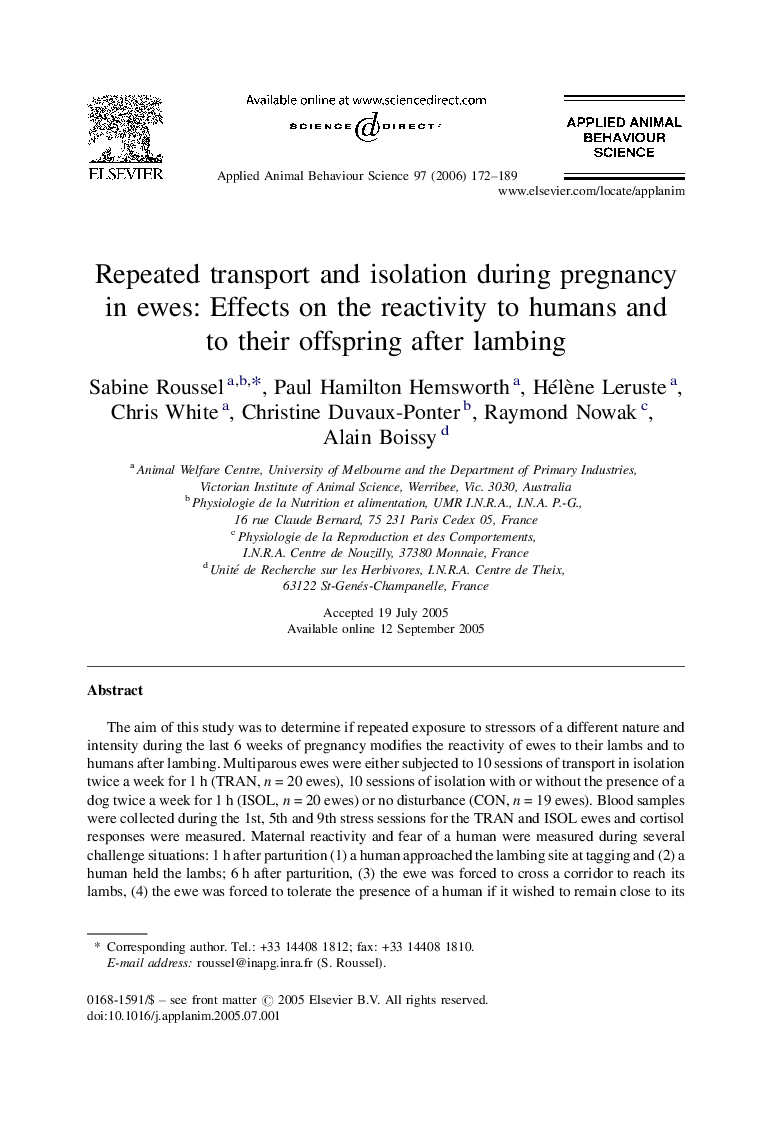 Repeated transport and isolation during pregnancy in ewes: Effects on the reactivity to humans and to their offspring after lambing