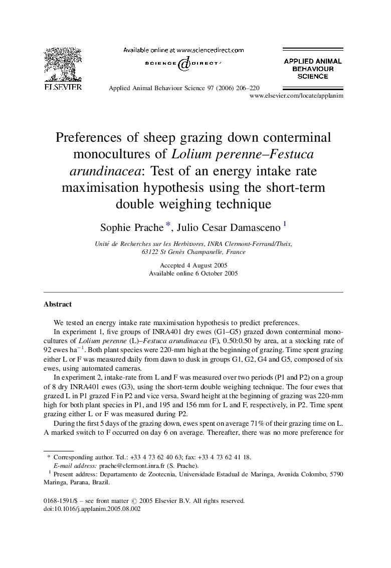 Preferences of sheep grazing down conterminal monocultures of Lolium perenne–Festuca arundinacea: Test of an energy intake rate maximisation hypothesis using the short-term double weighing technique