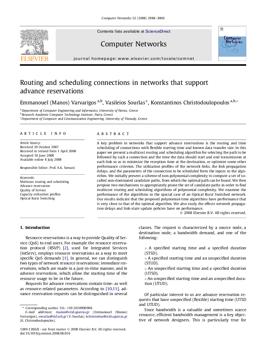 Routing and scheduling connections in networks that support advance reservations