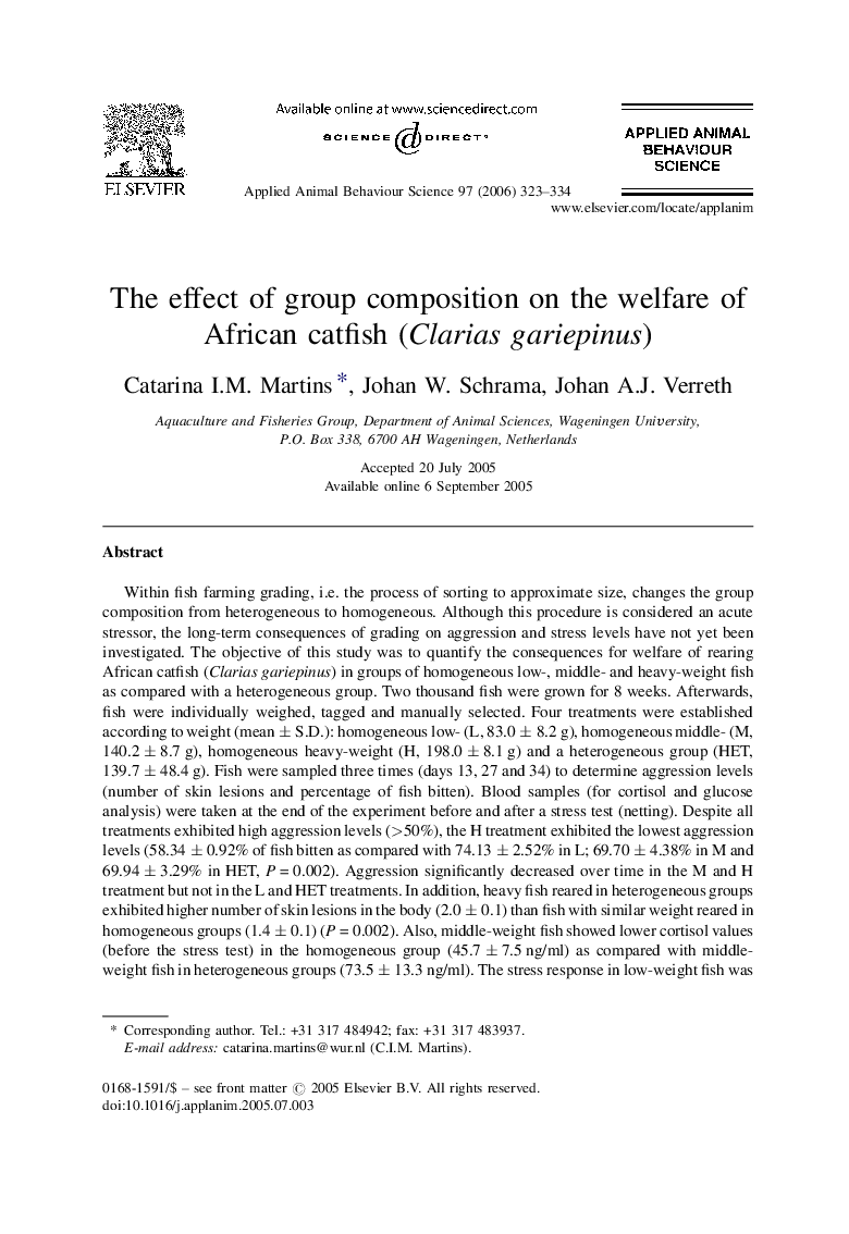 The effect of group composition on the welfare of African catfish (Clarias gariepinus)