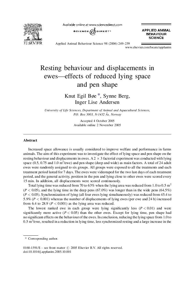 Resting behaviour and displacements in ewes—effects of reduced lying space and pen shape