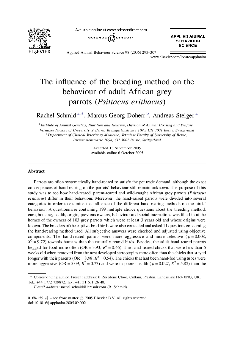The influence of the breeding method on the behaviour of adult African grey parrots (Psittacus erithacus)