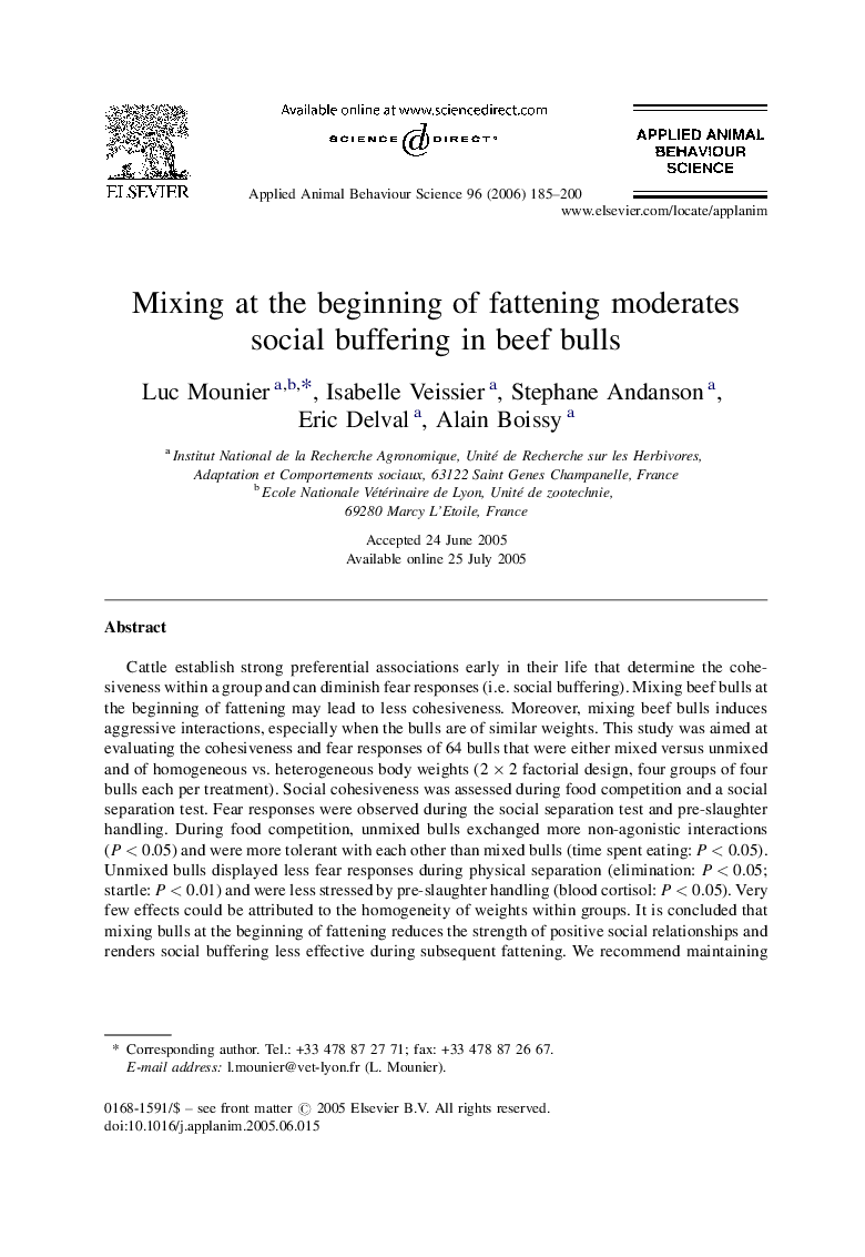 Mixing at the beginning of fattening moderates social buffering in beef bulls