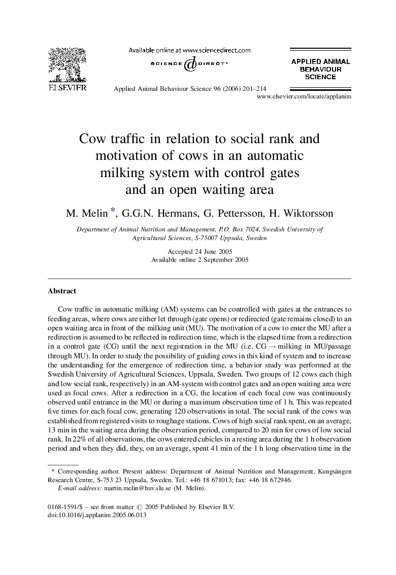 Cow traffic in relation to social rank and motivation of cows in an automatic milking system with control gates and an open waiting area