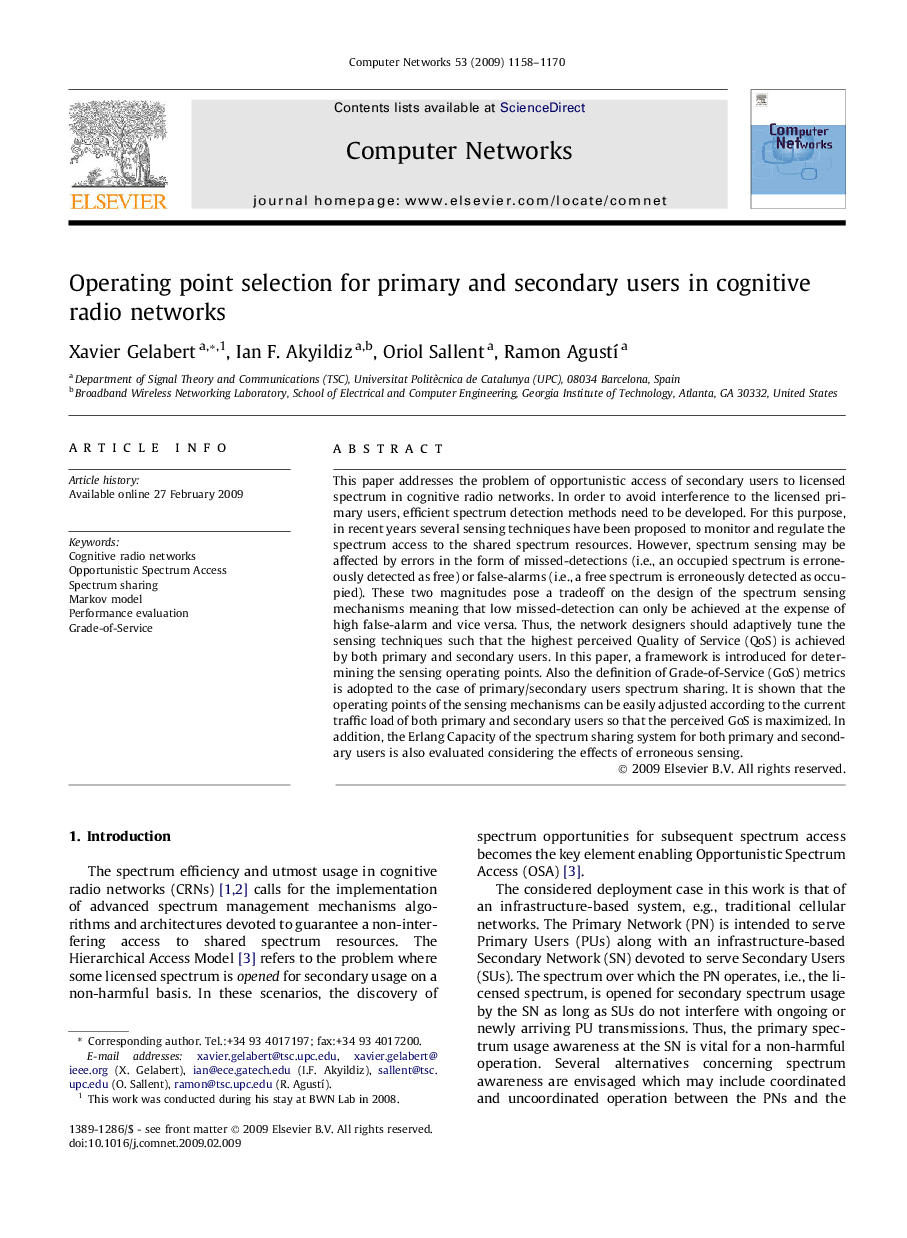 Operating point selection for primary and secondary users in cognitive radio networks