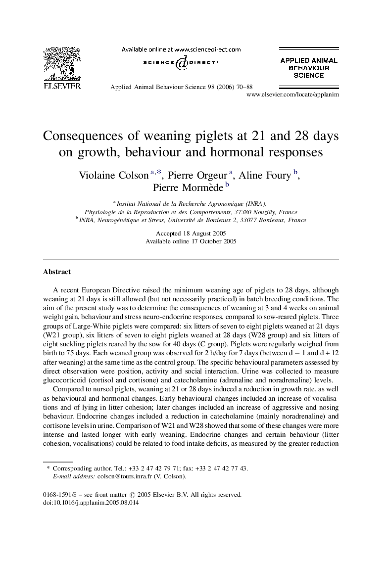 Consequences of weaning piglets at 21 and 28 days on growth, behaviour and hormonal responses