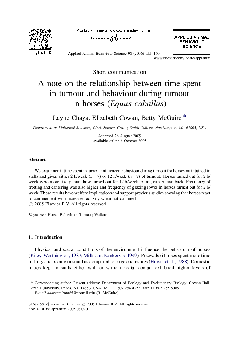 A note on the relationship between time spent in turnout and behaviour during turnout in horses (Equus caballus)