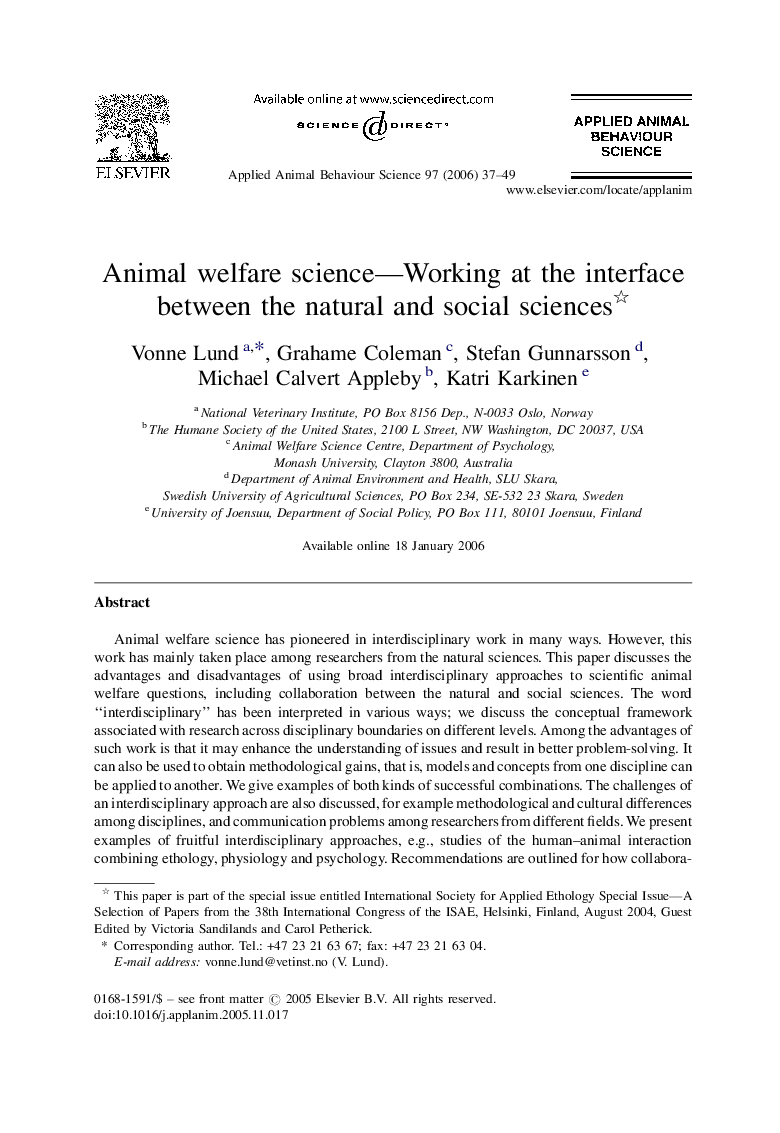 Animal welfare science—Working at the interface between the natural and social sciences 