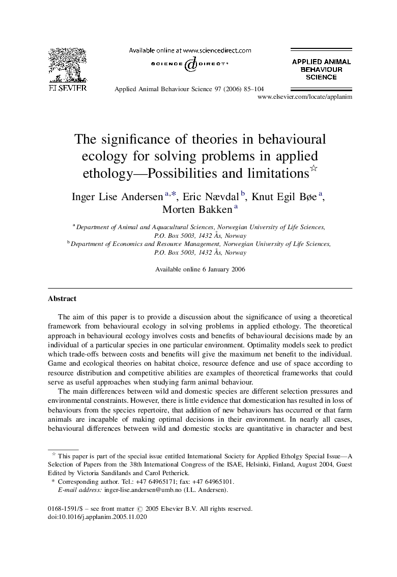 The significance of theories in behavioural ecology for solving problems in applied ethology—Possibilities and limitations 