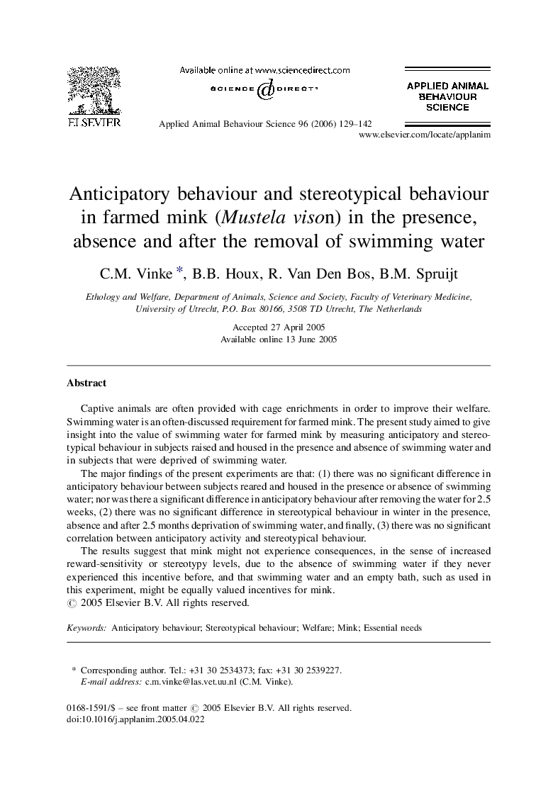 Anticipatory behaviour and stereotypical behaviour in farmed mink (Mustela vison) in the presence, absence and after the removal of swimming water