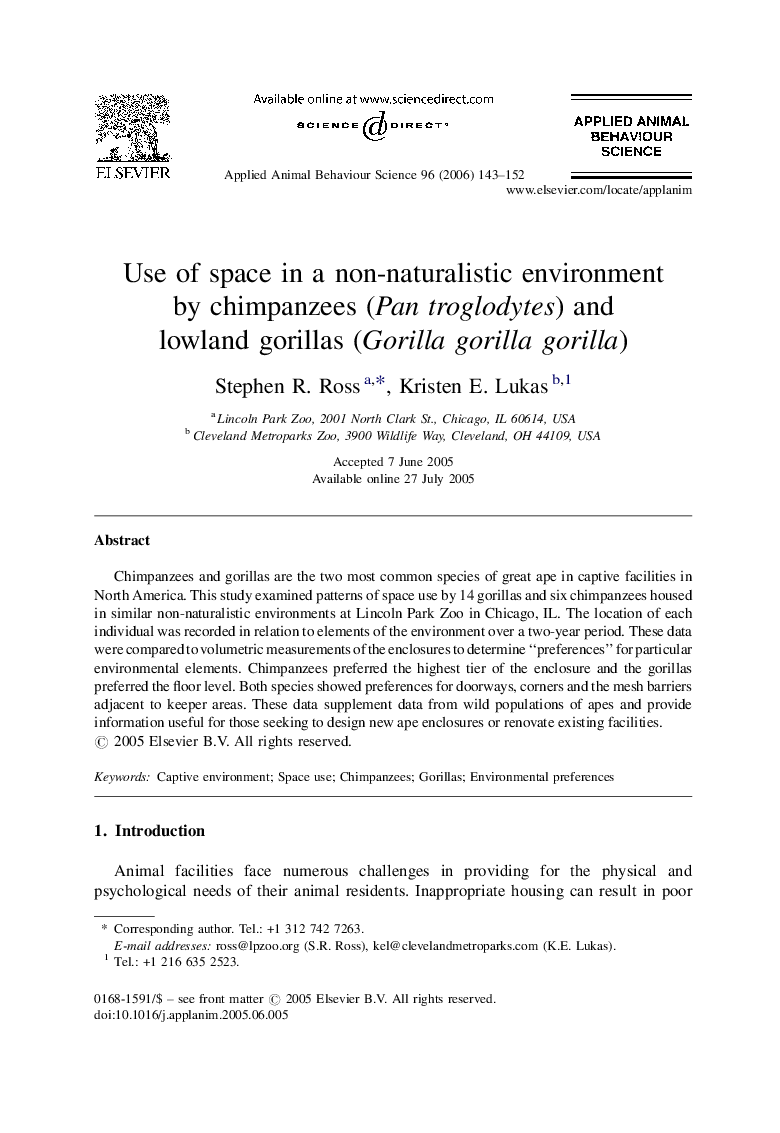 Use of space in a non-naturalistic environment by chimpanzees (Pan troglodytes) and lowland gorillas (Gorilla gorilla gorilla)