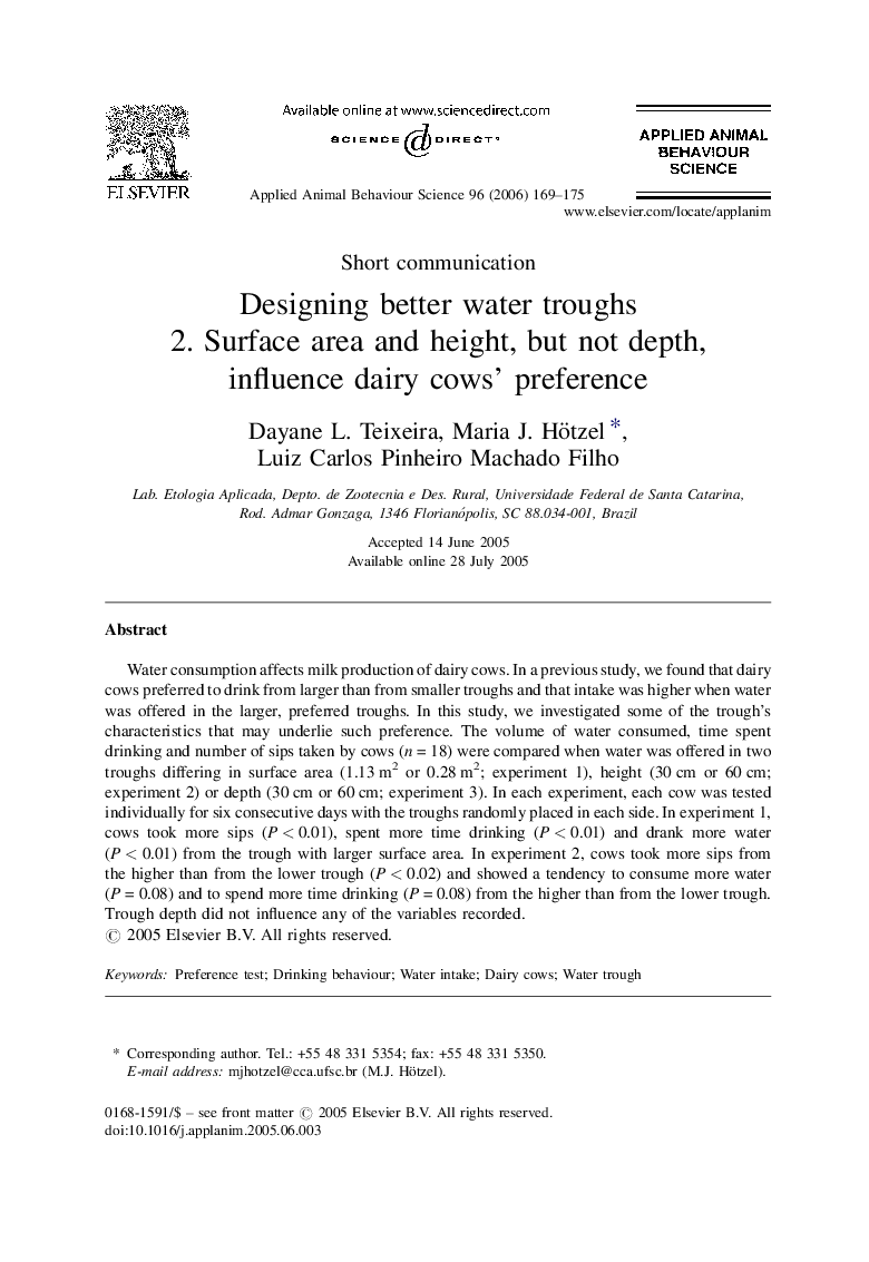 Designing better water troughs: 2. Surface area and height, but not depth, influence dairy cows’ preference