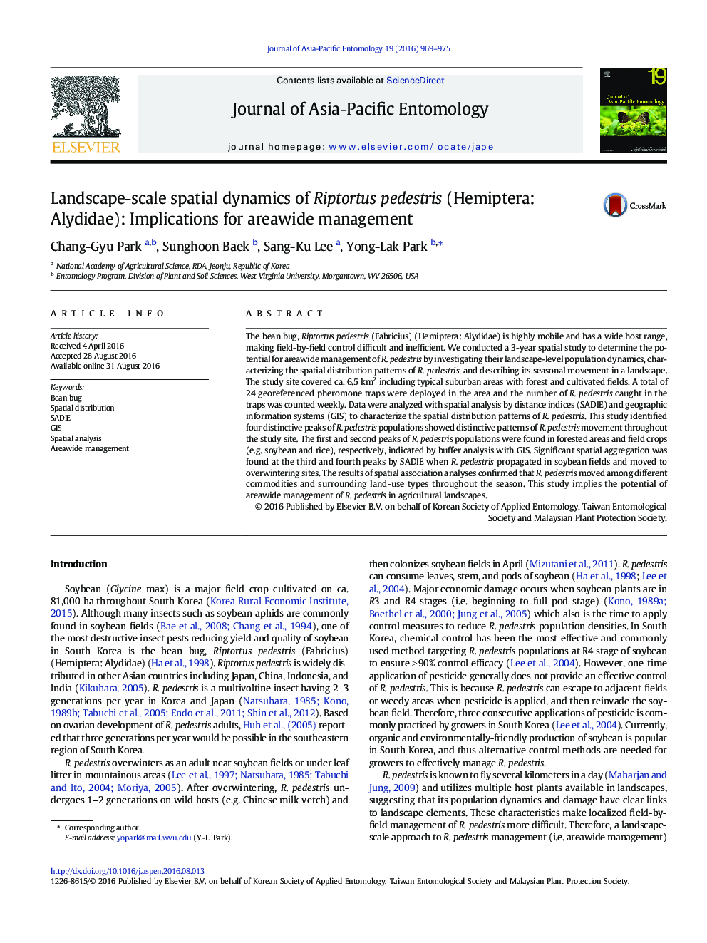 Landscape-scale spatial dynamics of Riptortus pedestris (Hemiptera: Alydidae): Implications for areawide management