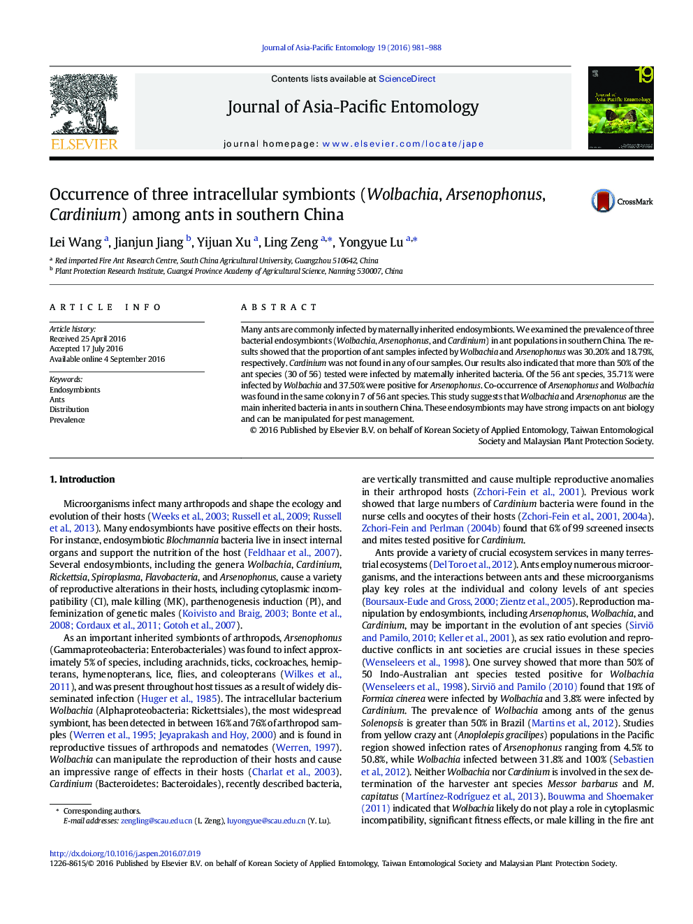 Occurrence of three intracellular symbionts (Wolbachia, Arsenophonus, Cardinium) among ants in southern China