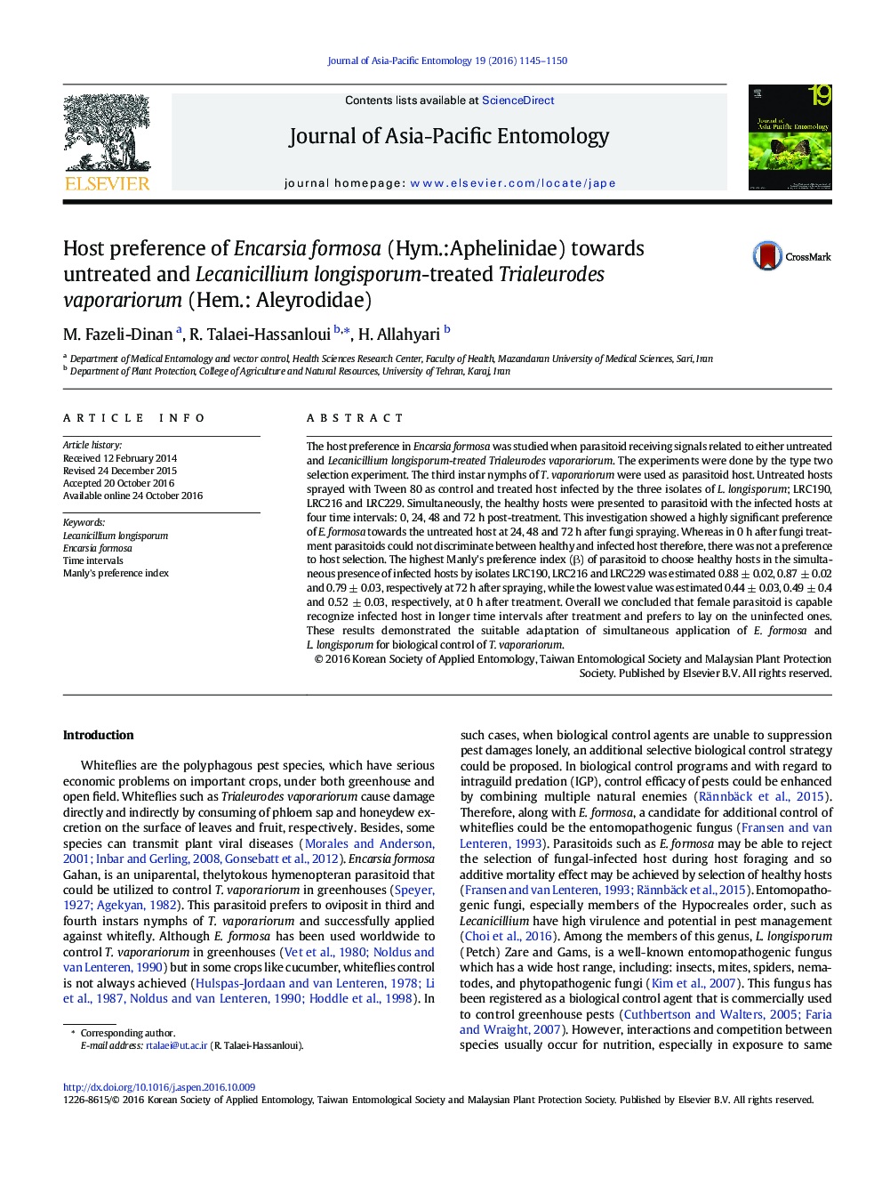 Host preference of Encarsia formosa (Hym.:Aphelinidae) towards untreated and Lecanicillium longisporum-treated Trialeurodes vaporariorum (Hem.: Aleyrodidae)