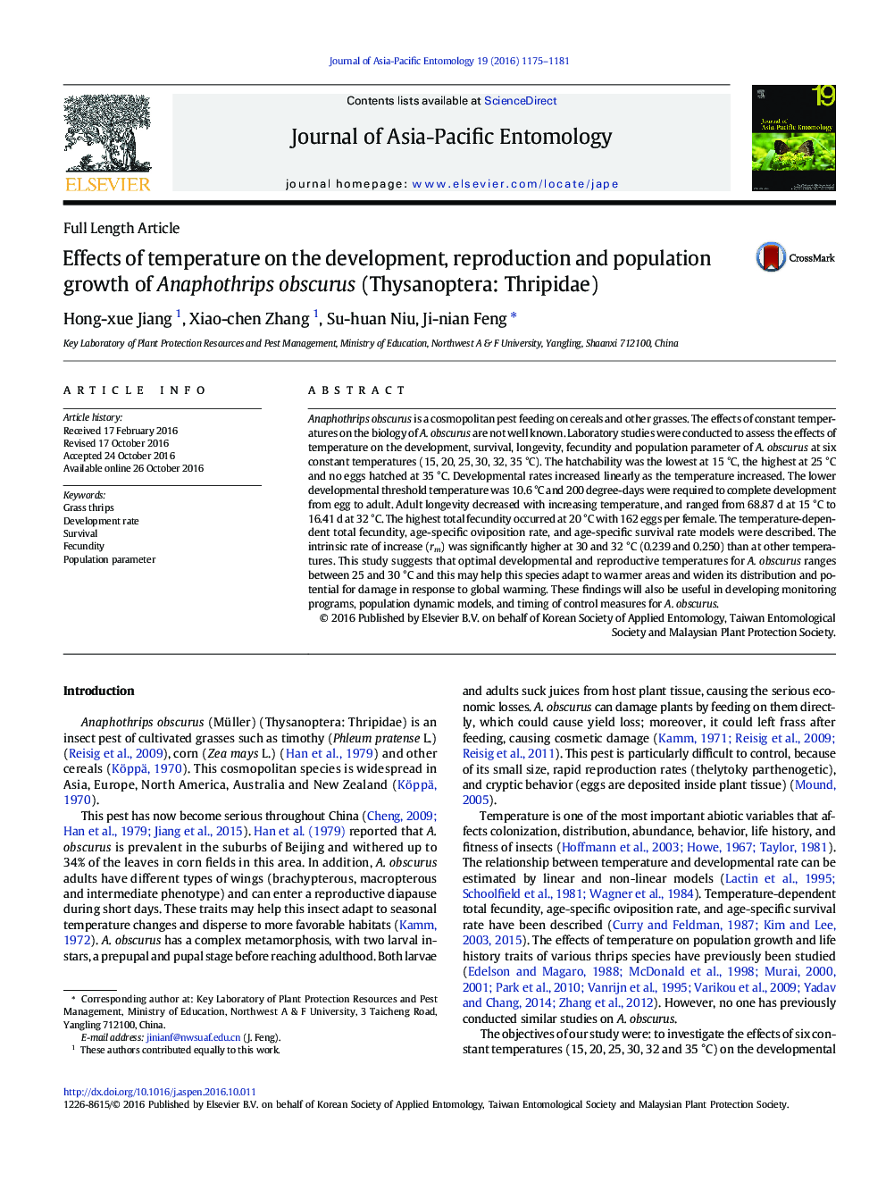 Effects of temperature on the development, reproduction and population growth of Anaphothrips obscurus (Thysanoptera: Thripidae)