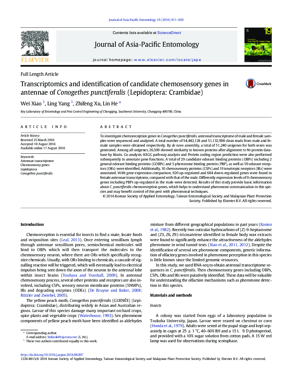 Transcriptomics and identification of candidate chemosensory genes in antennae of Conogethes punctiferalis (Lepidoptera: Crambidae)