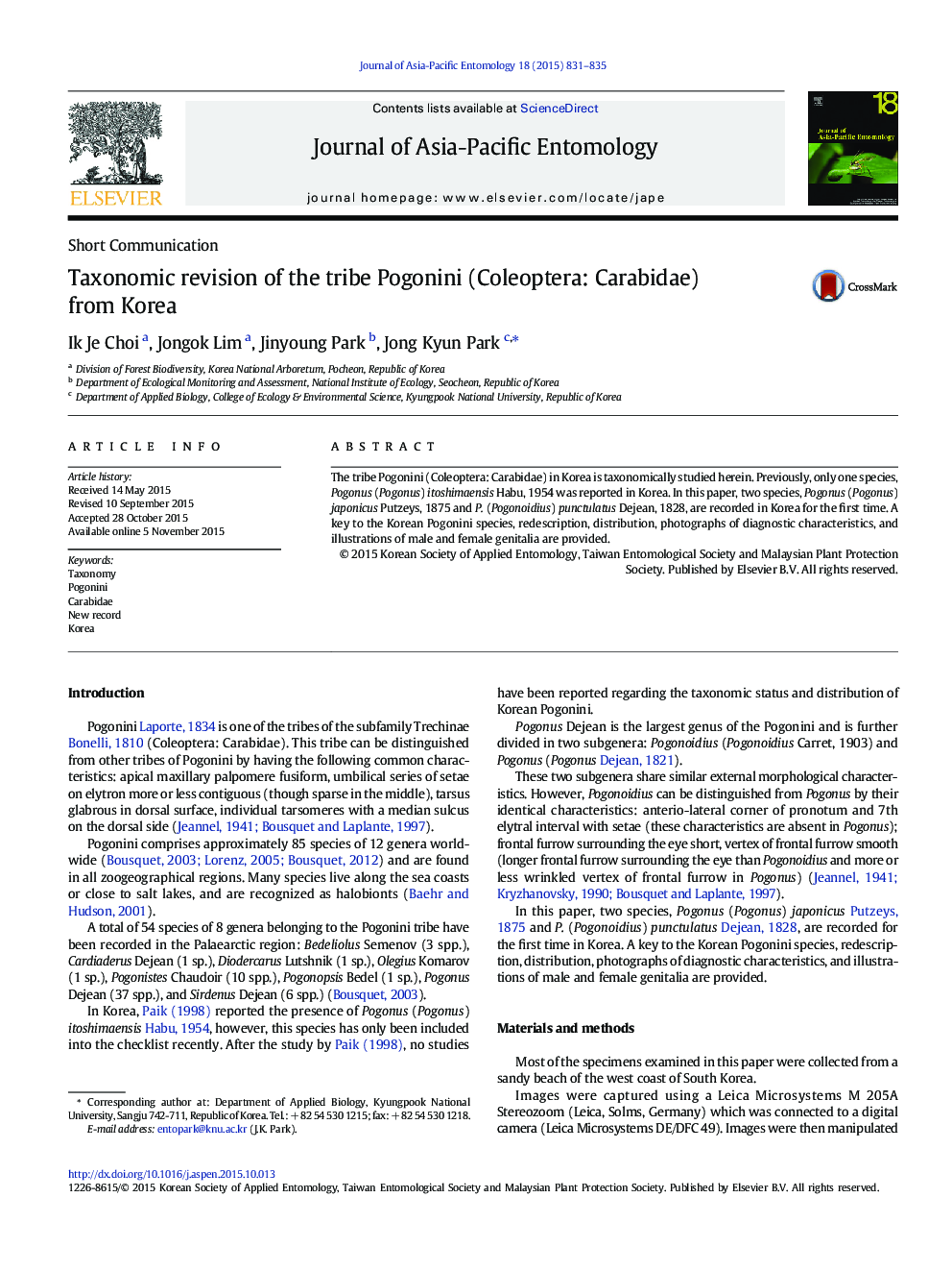 Taxonomic revision of the tribe Pogonini (Coleoptera: Carabidae) from Korea