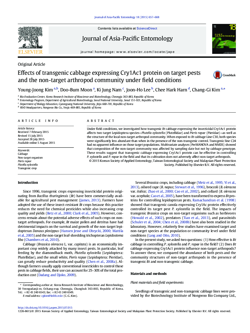 Effects of transgenic cabbage expressing Cry1Ac1 protein on target pests and the non-target arthropod community under field conditions